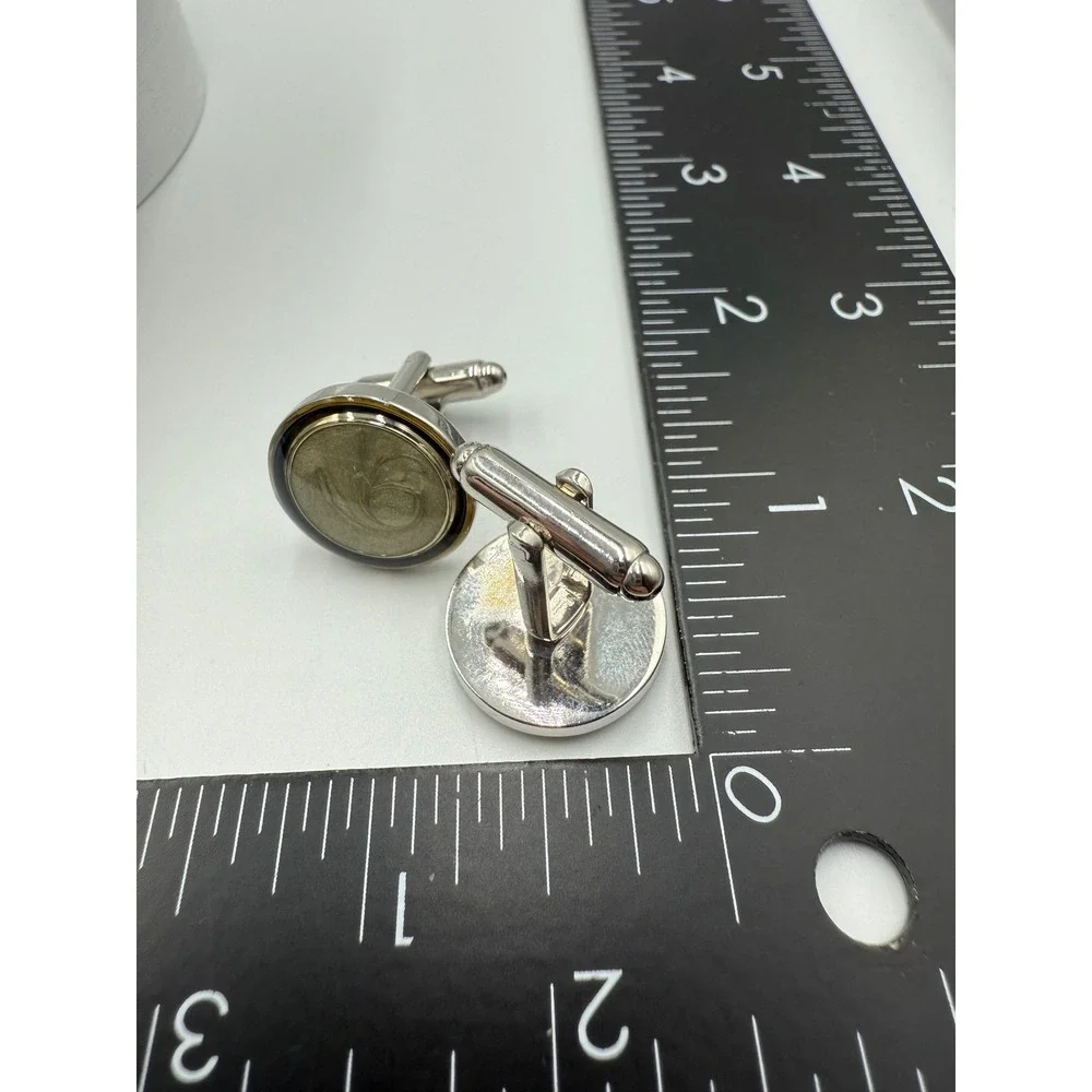 Vintage Round Silver Tone Cufflinks Swirl Center Black Enamel Border Formal Wear